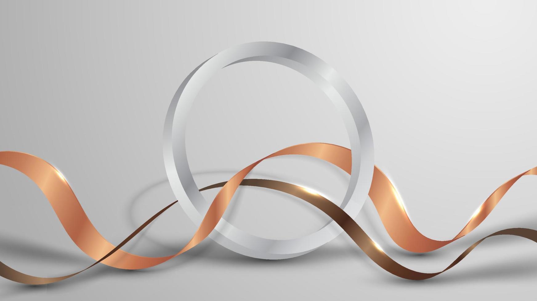 3D realistic silver ring with golden ribbon elements on white background luxury style vector