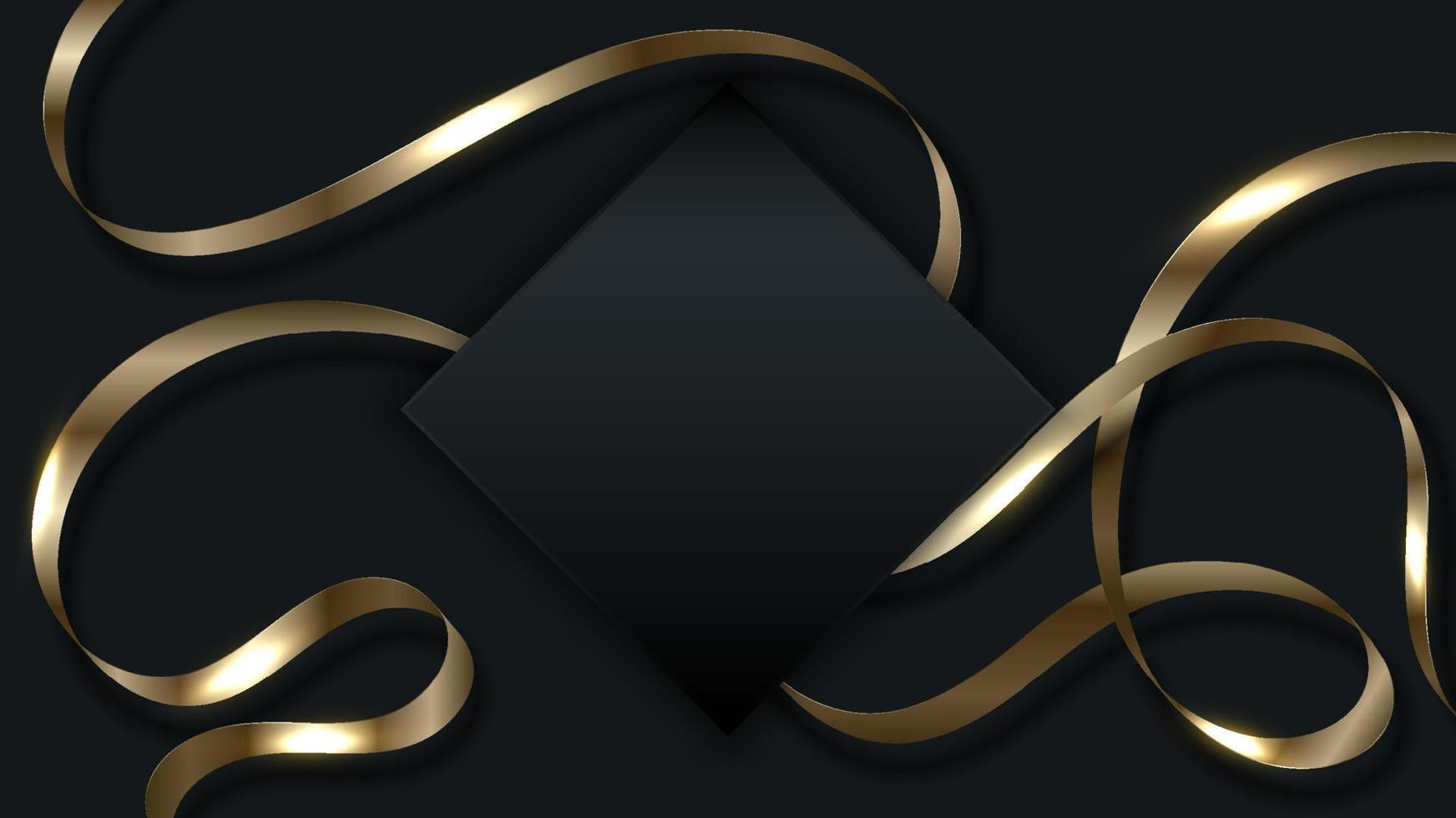 3D golden ribbon curly shape elements with black square badge on dark background luxury style vector