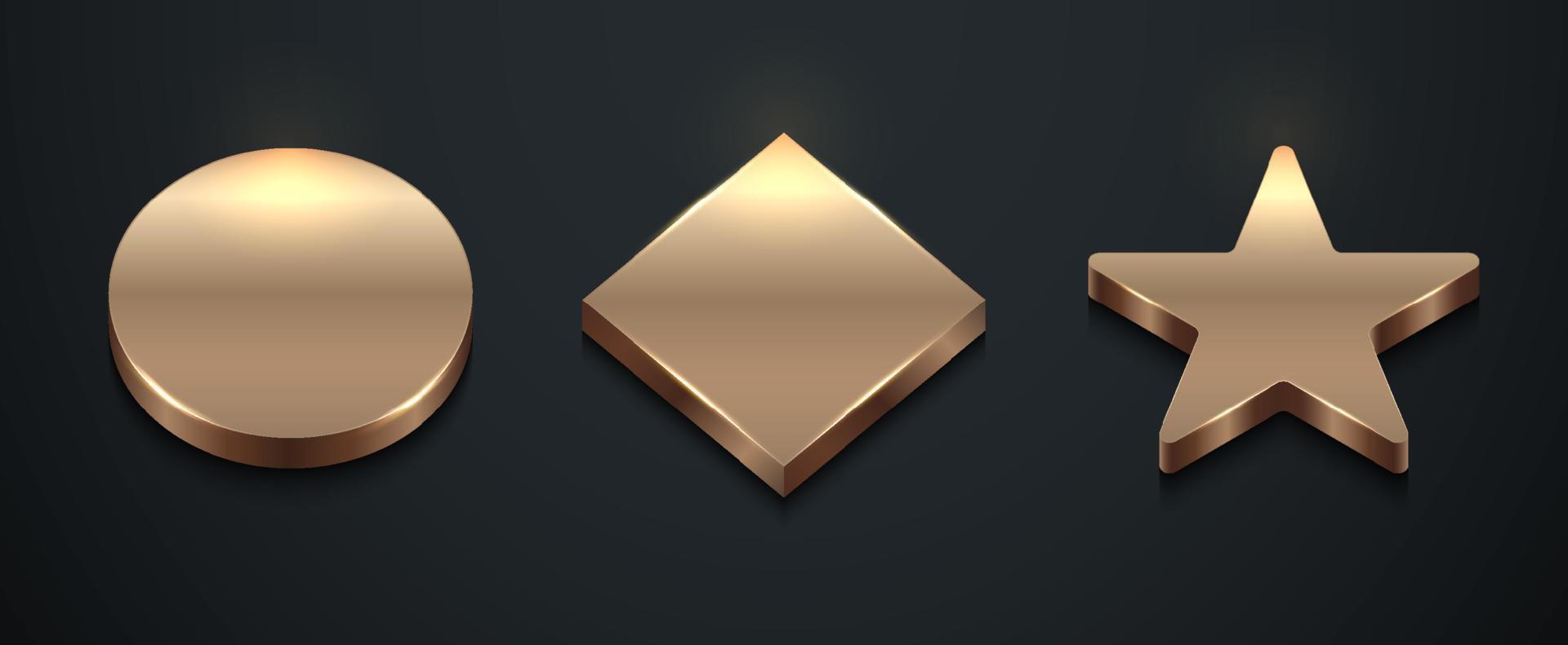 conjunto de círculos geométricos dorados 3d realistas, objetos de formas cuadradas y estrellas en un estilo de lujo de fondo negro vector