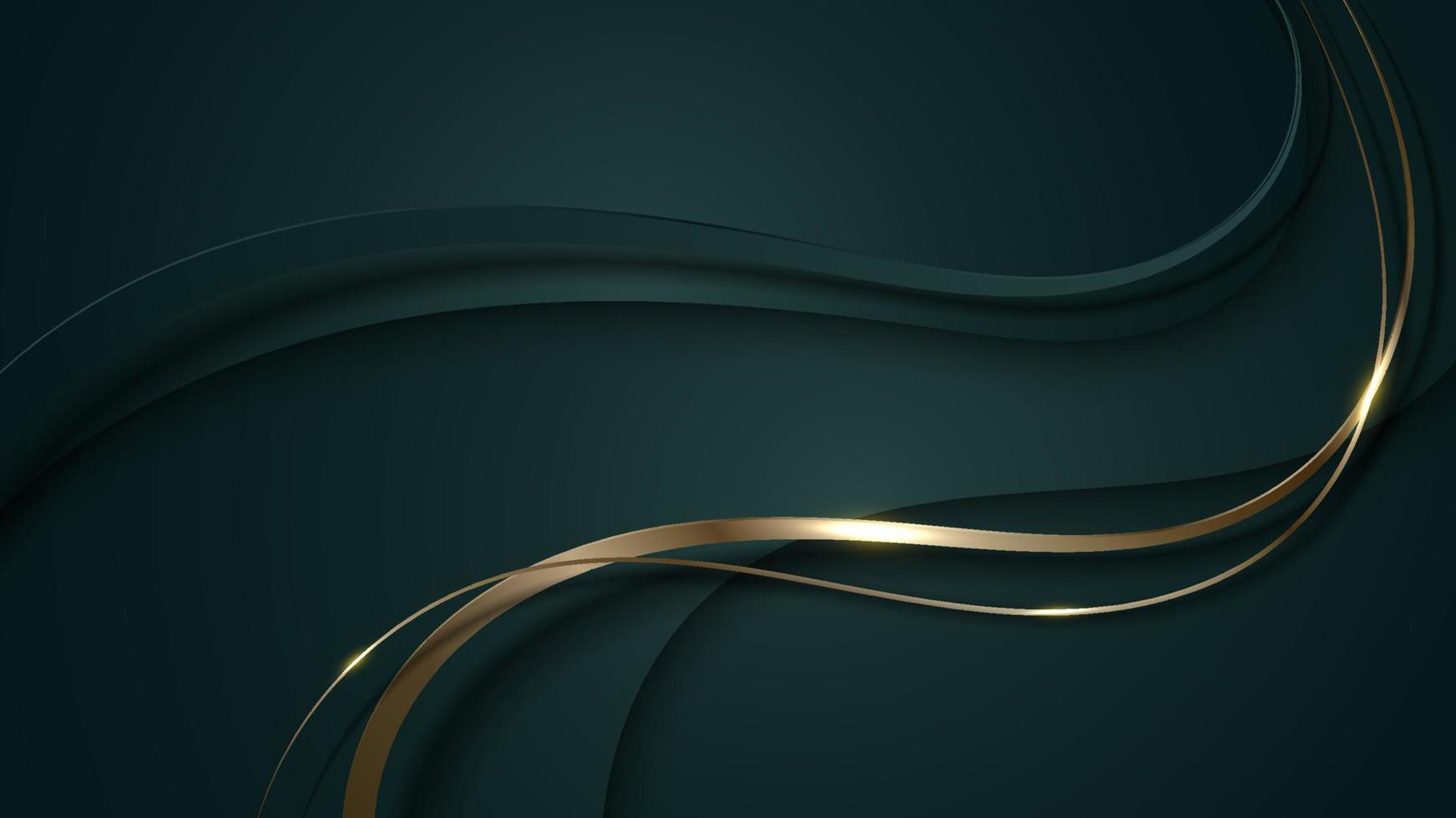 Abstract 3D luxury green color wave lines with shiny golden curved line decoration and glitter lighting on gradient dark background vector