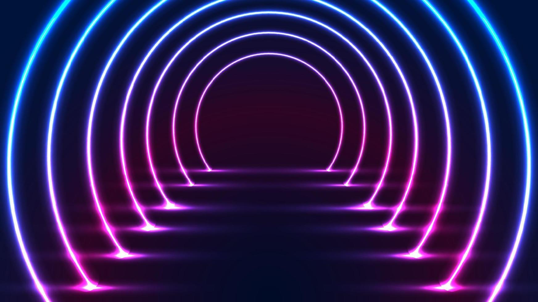 Abstract glowing neon lighting rounded tunnel walkway technology futuristic retro style vector