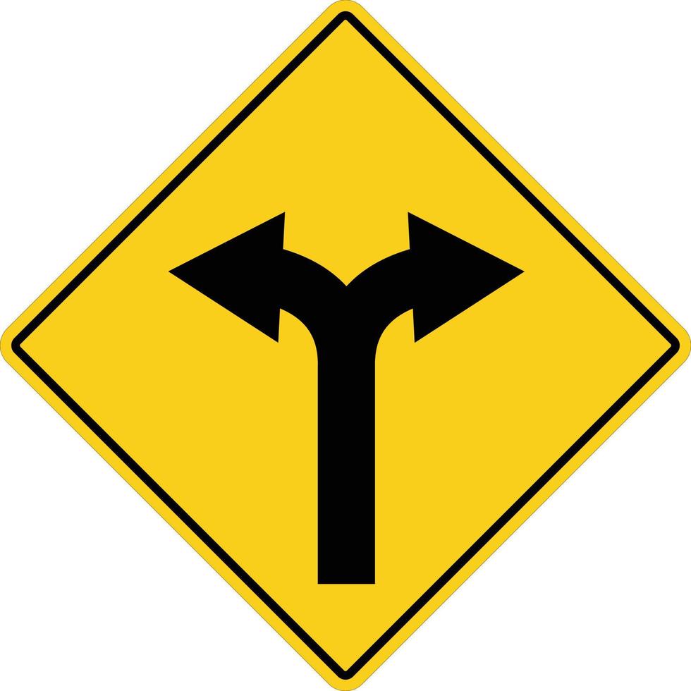 cartel amarillo con dos flechas. bifurcación de la carretera símbolo de advertencia amarillo. dos direcciones en la señal de tráfico amarilla. vector