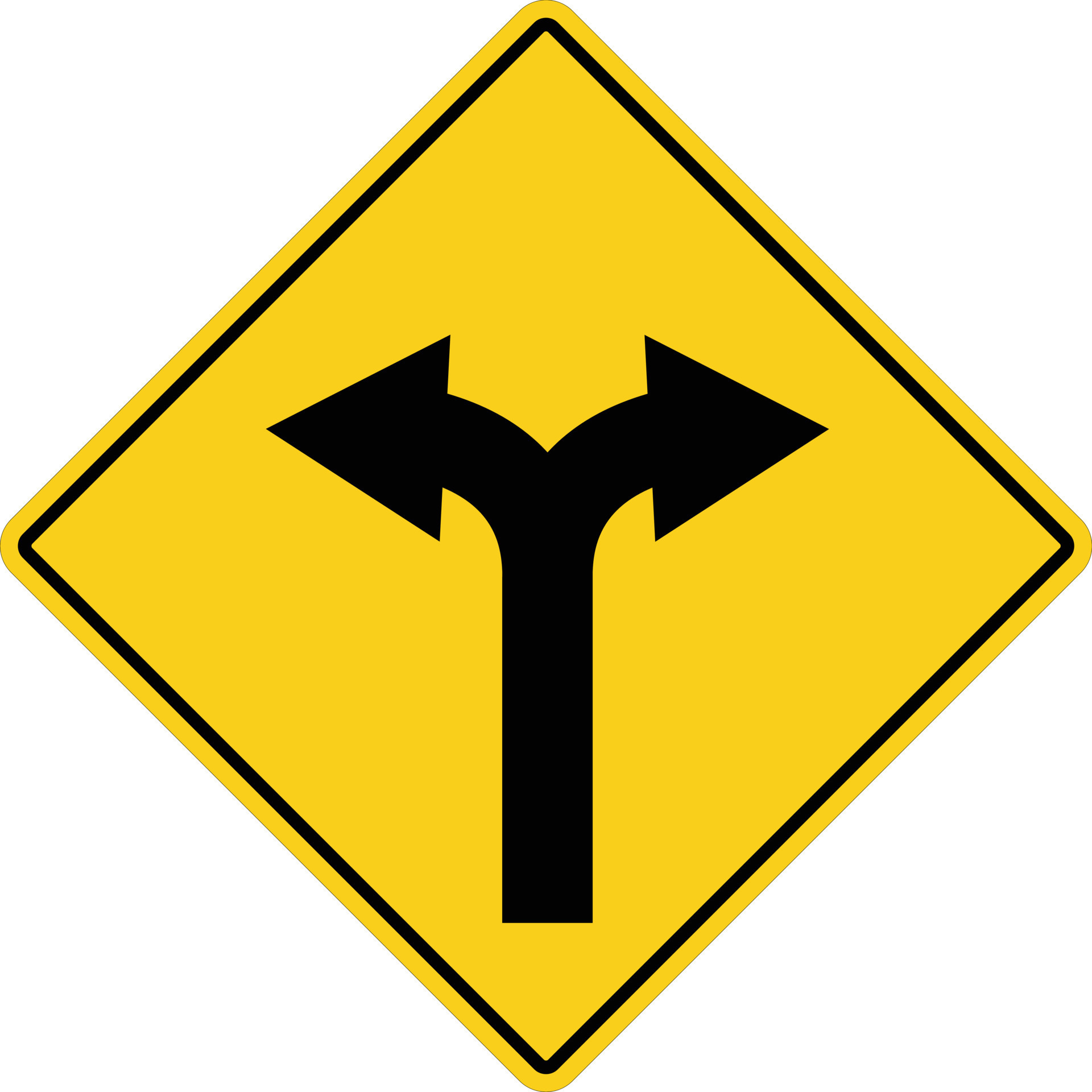 yellow sign with two arrows. fork road yellow warning symbol. two