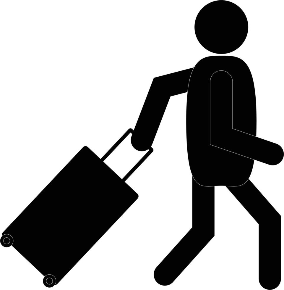 hombre con icono de equipaje. pasajero tirando de la señal de la bolsa rodante. estilo plano vector