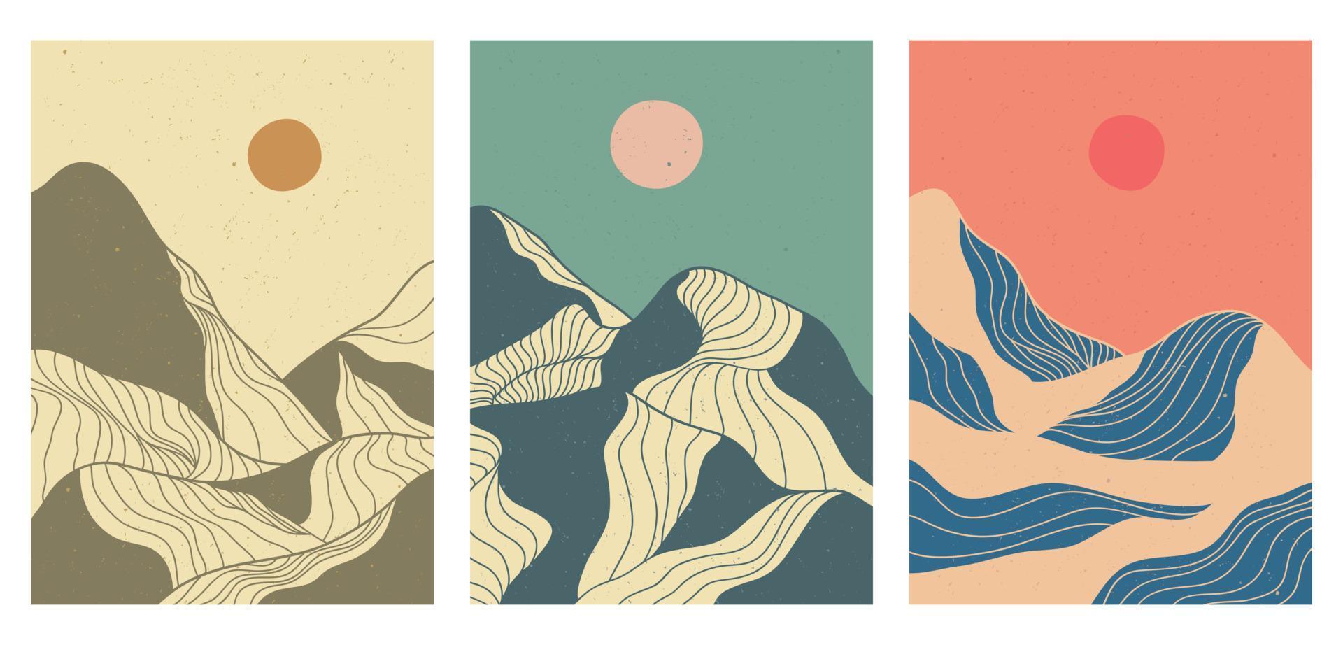 Mountain in vintage style. Mid century modern minimalist art print on set. Abstract contemporary aesthetic backgrounds landscapes. vector illustrations