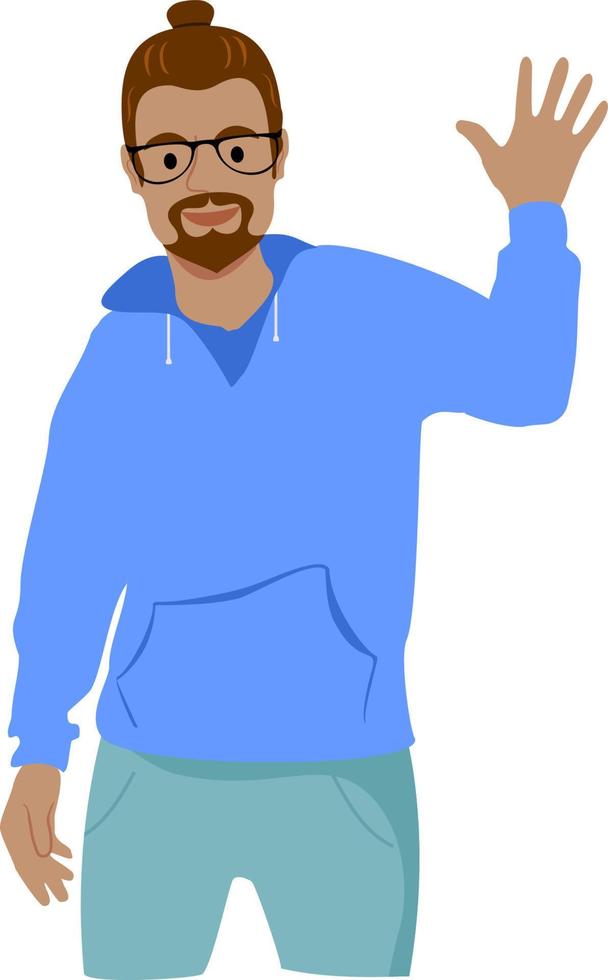 Happy attractive african american charismatic man raising palm to give high-five or wave friendly to welcome and say hello, smiling broadly showing hi gesture. A modern guy in casual clothes. vector
