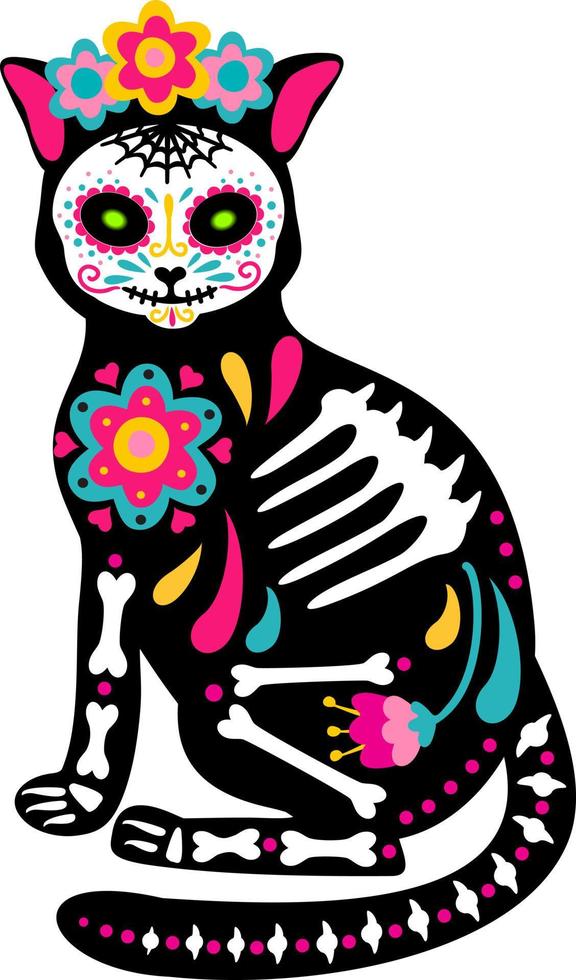 día de los muertos, dia de los muertos, cráneo animal y esqueleto decorado con coloridos elementos mexicanos y flores. fiesta, halloween, cartel de vacaciones, fiesta. ilustración vectorial vector