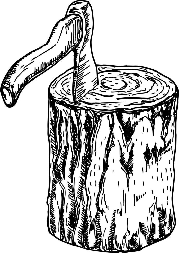 Ax in a wooden stump, illustration in a graphic style. Sketch of ...