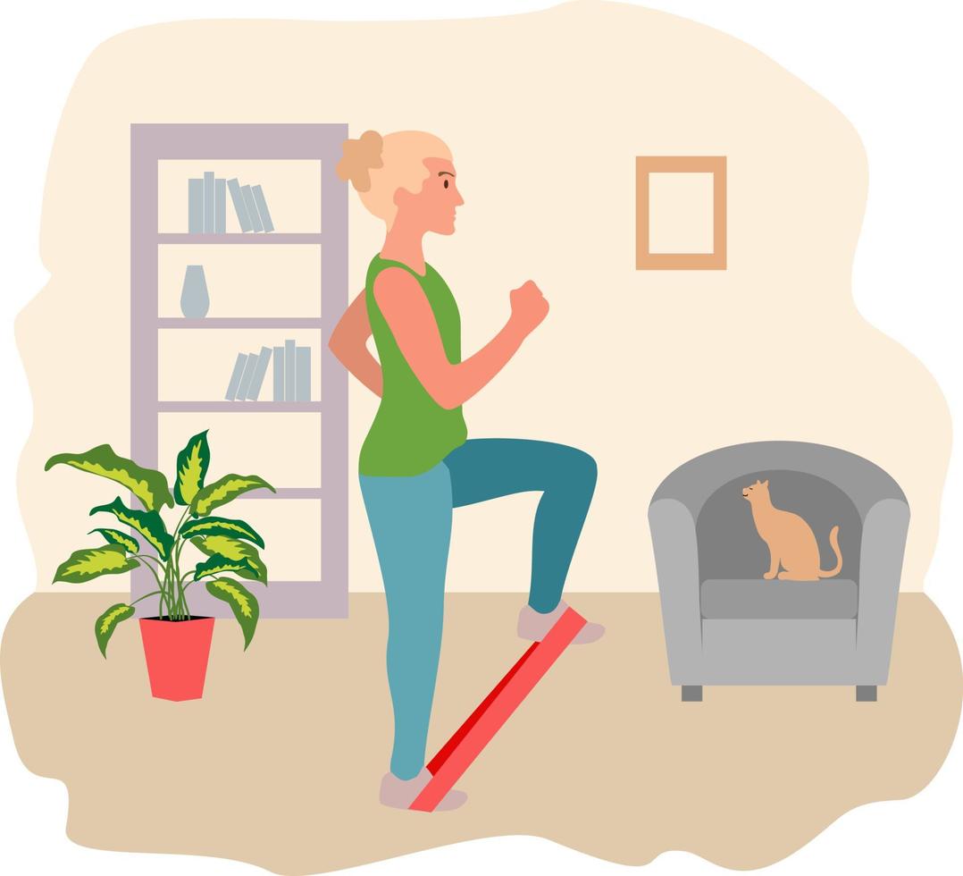 Woman exercising with a resistance band at home.  Workout with a resistance loop. vector