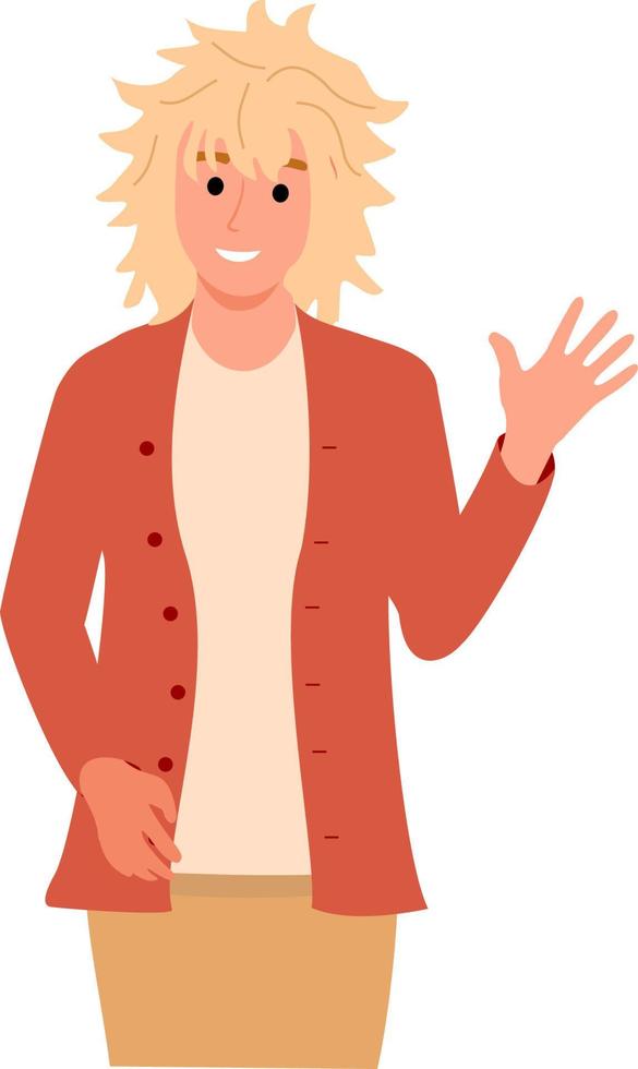 mujer sonriente saludando. gesto de saludo de mujer, mano diciendo hola. las mujeres con ropa informal saludan. agitando la mano y gesticulando de manera amistosa. el personaje agita su mano. plano vector