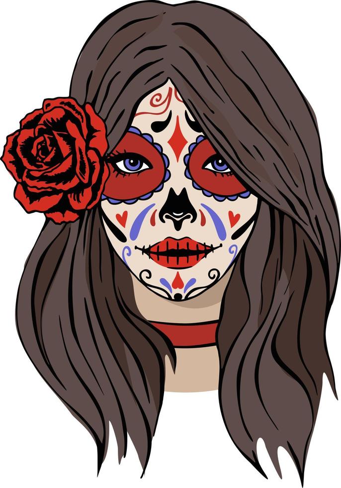 hermosa chica con un maquillaje aterrador. la festividad del día de los muertos. día de los muertos. catrina Víspera de Todos los Santos. hermosa chica. cartel del dia de los muertos con diseño de ilustración de vector de calavera katrina