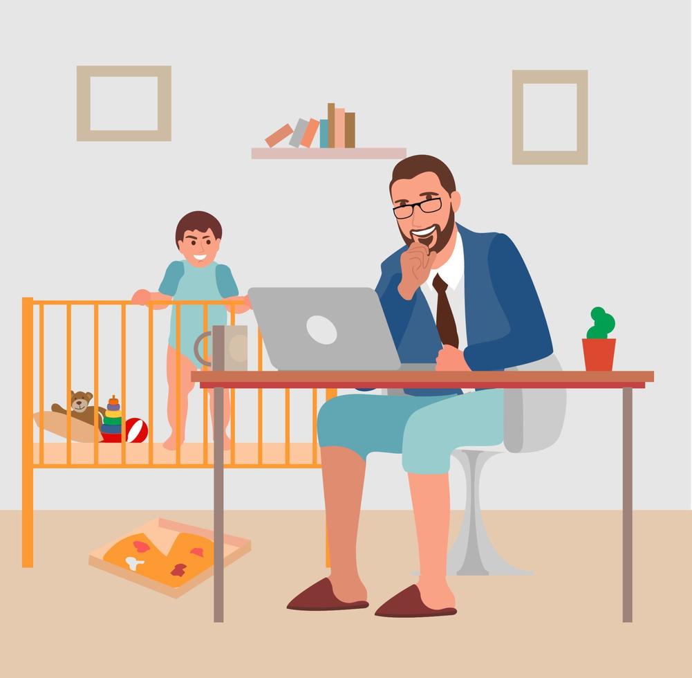 Multitasking Father Working From Home On Laptop. Multi-tasking vector
