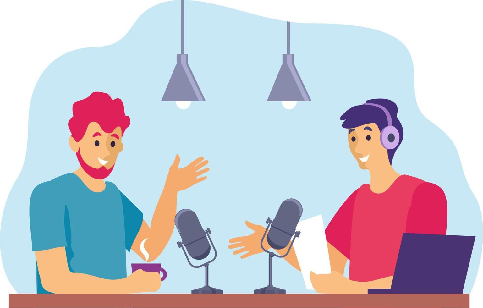 People talking to microphone recording podcast in studio vector