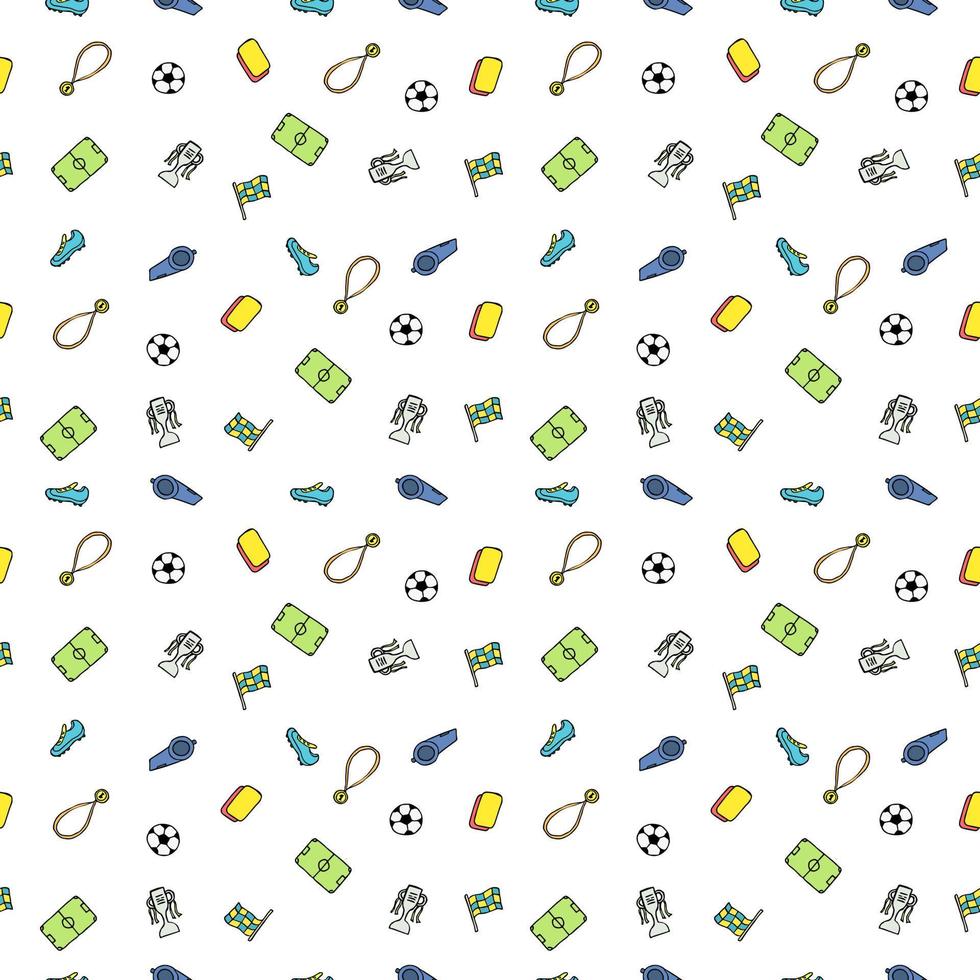 patrón de fútbol sin costuras. ilustración de fútbol de fideos con una pelota de fútbol, copa de campeonato, zapatos, campo de fútbol vector