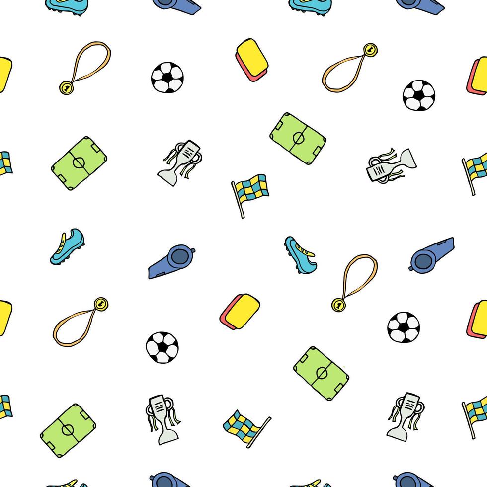 patrón de fútbol sin costuras. ilustración de fútbol de fideos con una pelota de fútbol, copa de campeonato, zapatos, campo de fútbol vector