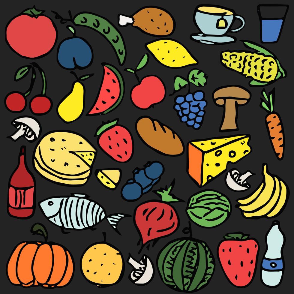 Colored food icons. Doodle vector illustration with food icons. Food background