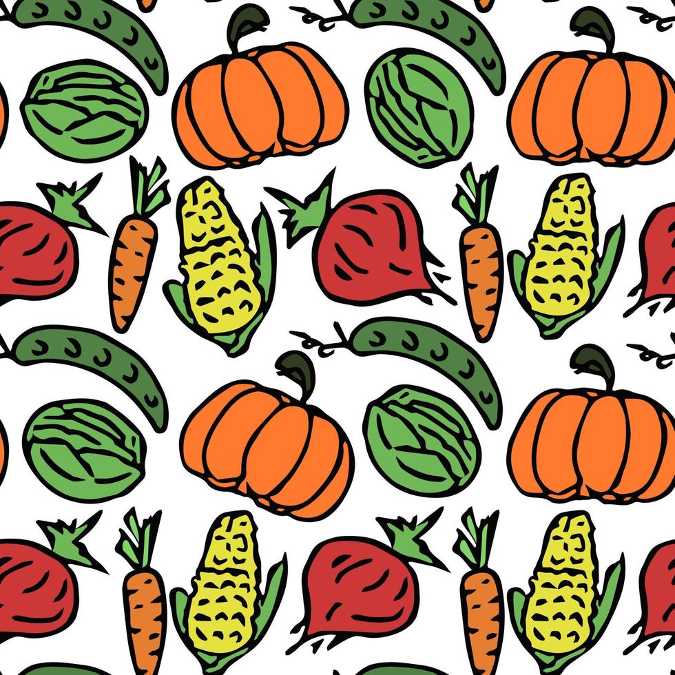 Seamless pattern with vegetables icons. Colored doodle vegetables pattern. Food background vector