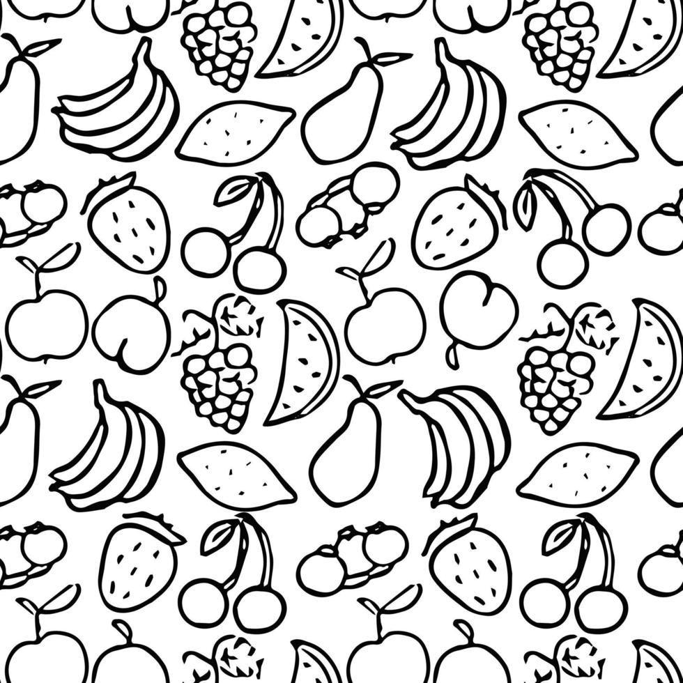 Seamless fruits pattern. Black and white doodle fruits pattern. Fruits background vector