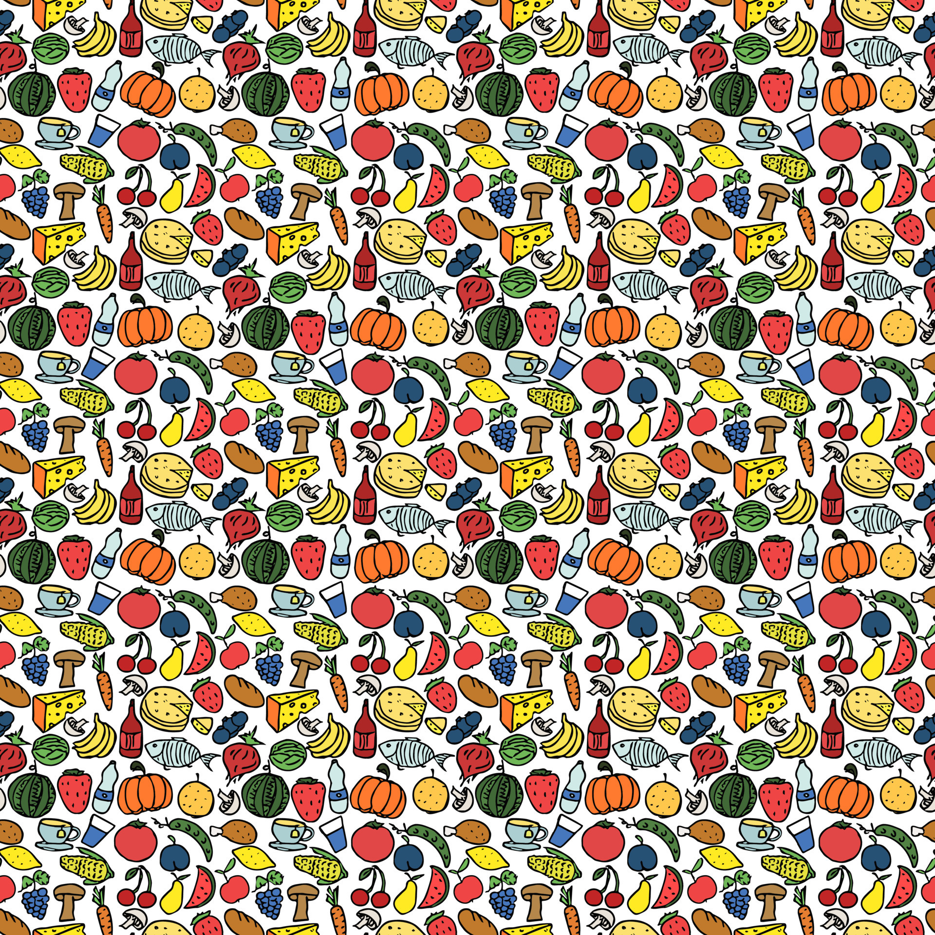 Seamless pattern with food icons. Colored doodle food pattern. Food