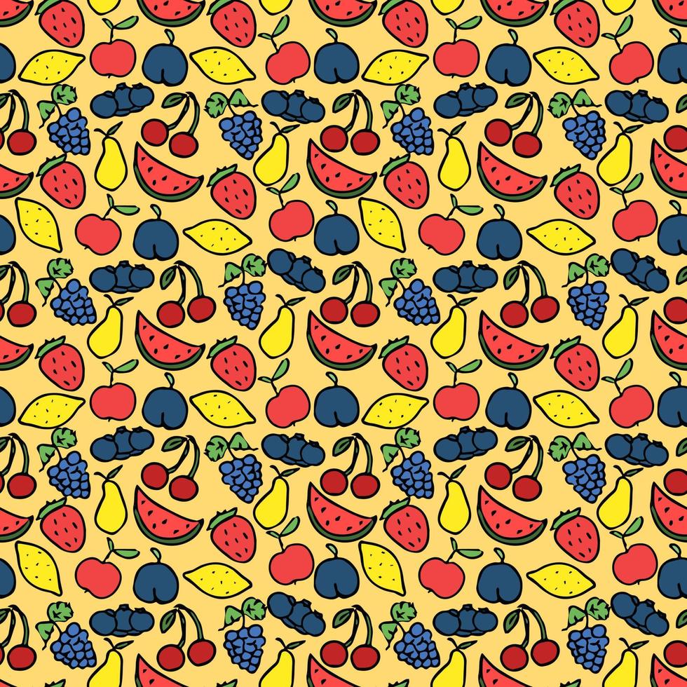 Seamless pattern with fruits icons. Colored doodle fruits pattern. Food background vector