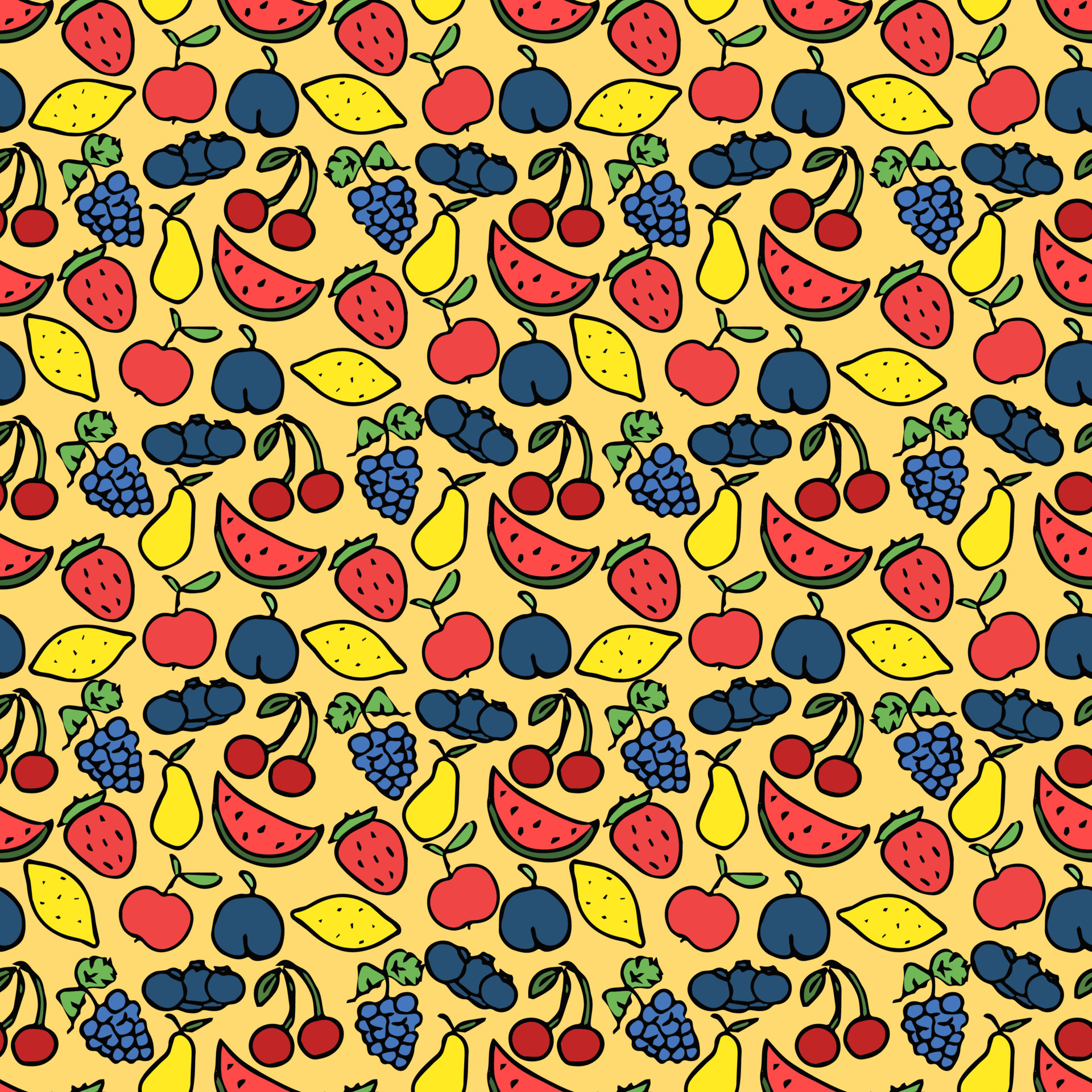 Seamless pattern with fruits icons. Colored doodle fruits pattern. Food
