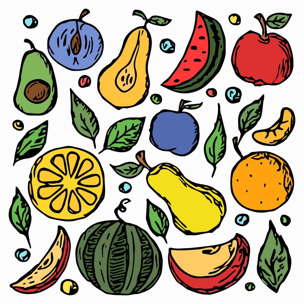 iconos de frutas. ilustración de vector de doodle coloreado con iconos de frutas fondo de frutas