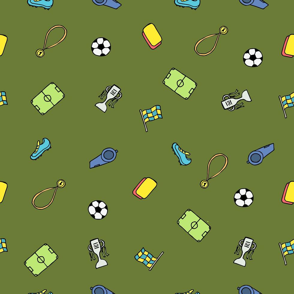 patrón de fútbol sin costuras. ilustración de fútbol de fideos con una pelota de fútbol, copa de campeonato, zapatos, campo de fútbol vector