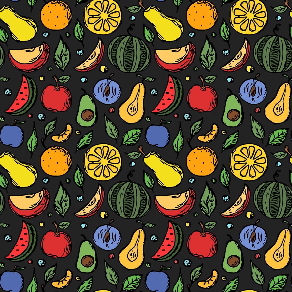 Seamless fruit pattern Colored doodle background with fruit icons Fruit background vector