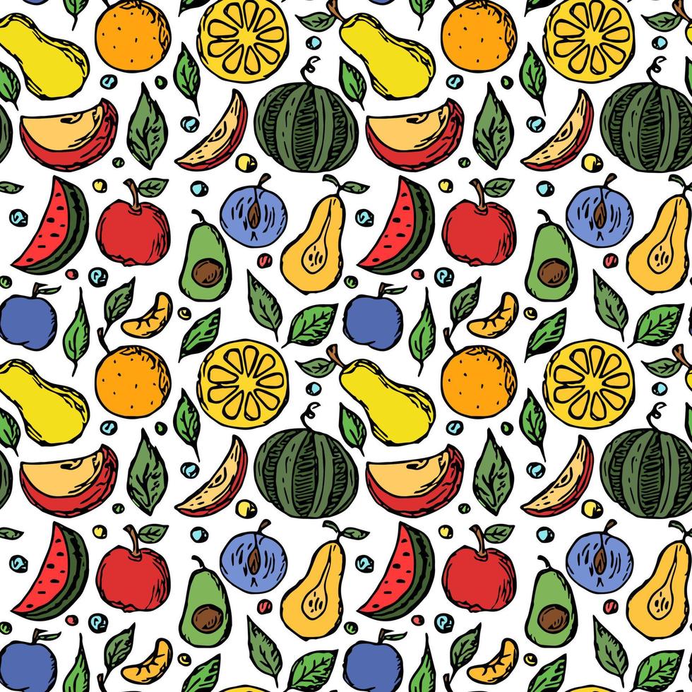 Seamless fruit pattern Colored doodle background with fruit icons Fruit background vector