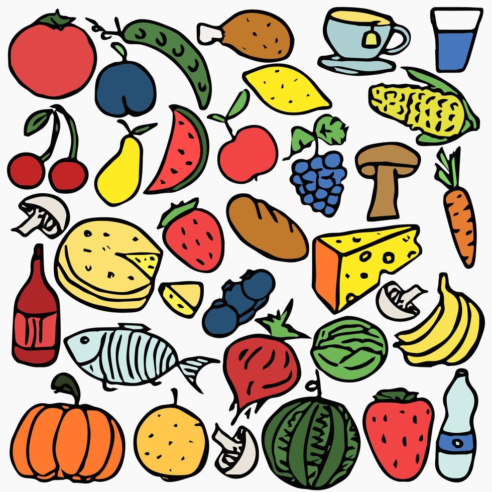 Colored food icons. Doodle vector illustration with food icons. Food background