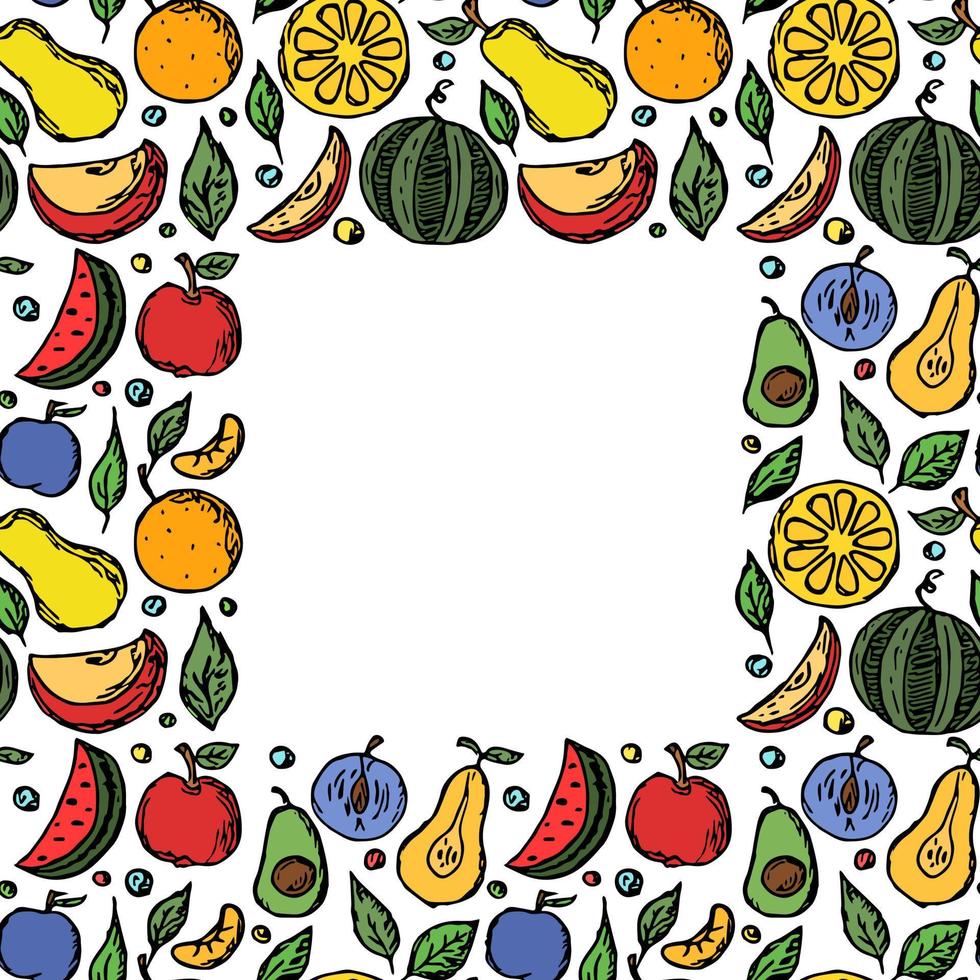 marco de frutas patrón de frutas sin fisuras con lugar para el texto. ilustración de fideos coloreados con iconos de frutas fondo de frutas vector