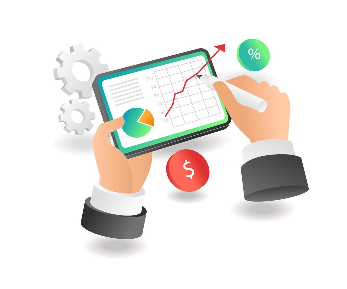 Flat isometric concept illustration. Monitoring business analyst business data with ipad vector