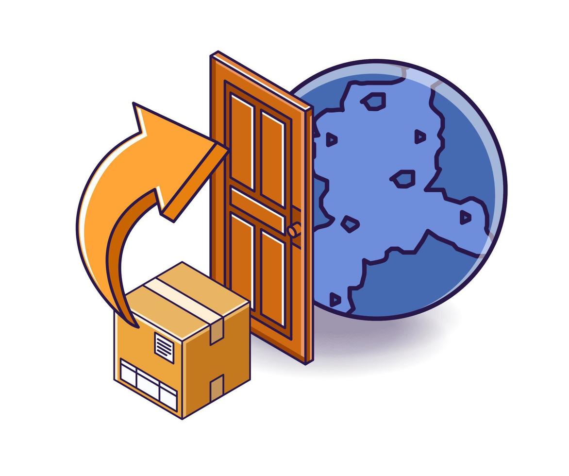 Flat isometric concept illustration. Deliver packages to doorsteps around the world vector