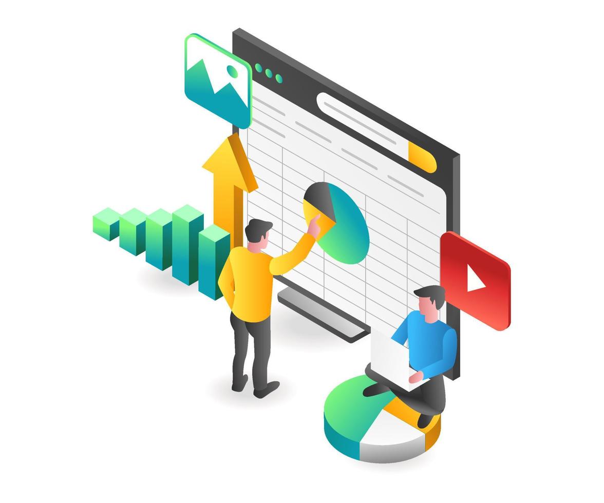 concepto de página de destino ilustración isométrica plana. analisis del programa excel vector