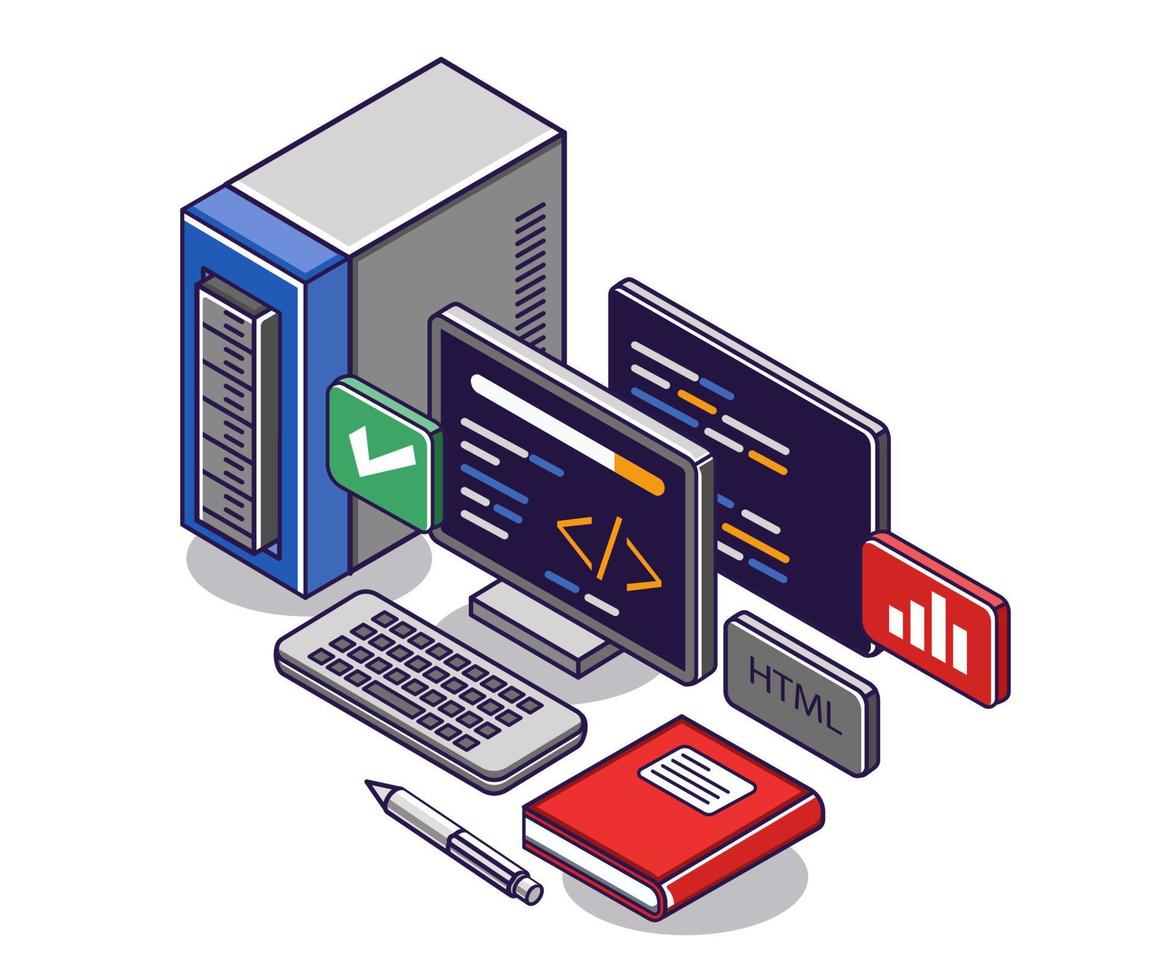 ilustración de concepto isométrico plano. datos del programa html vector