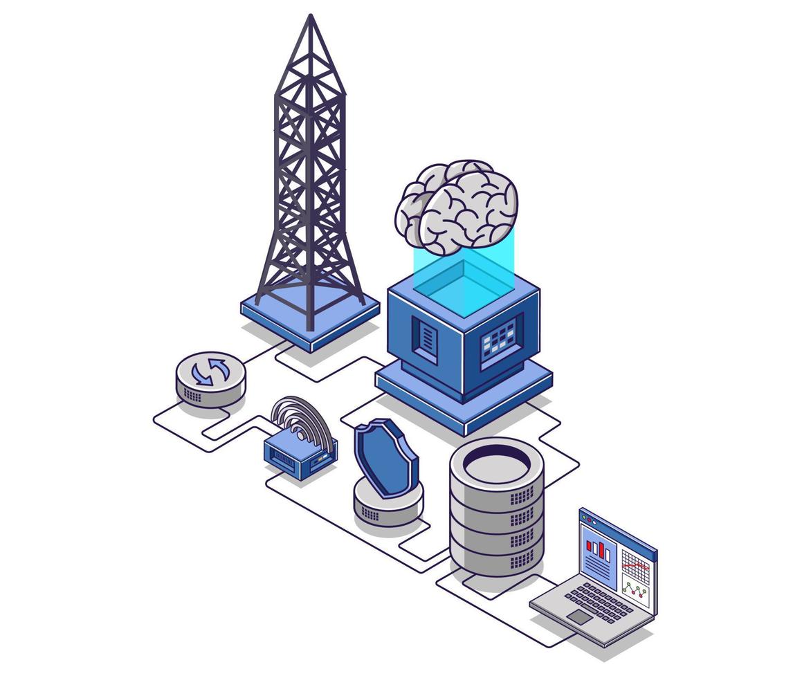 ilustración de concepto isométrico plano. torre de radar de red de internet y servidor de datos vector