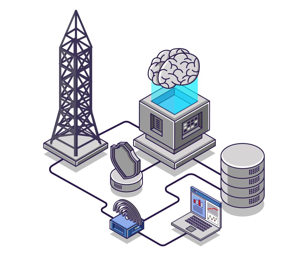 ilustración de concepto isométrico plano. servidor de datos de red y base de datos de Internet con inteligencia artificial vector