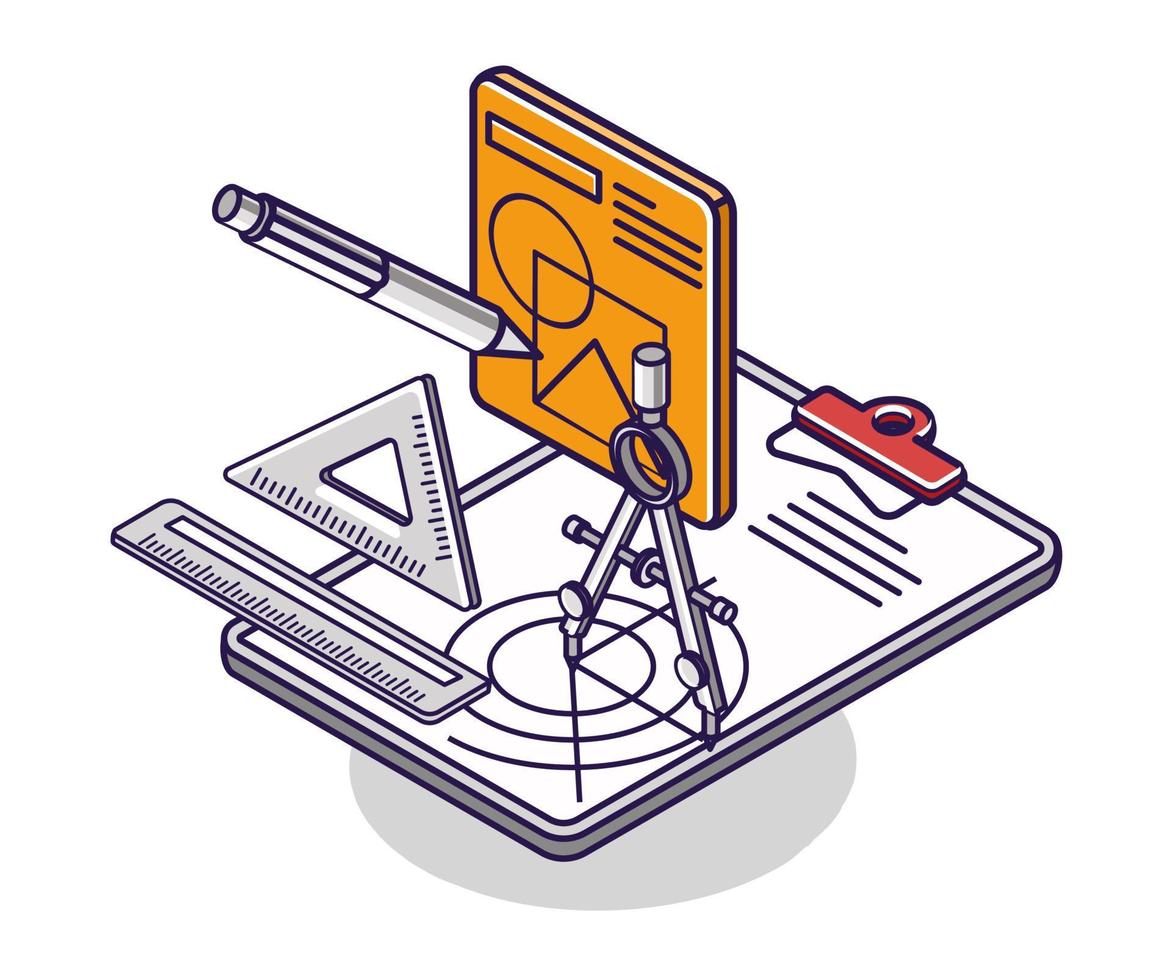 Flat isometric concept illustration. technical drawing concept vector