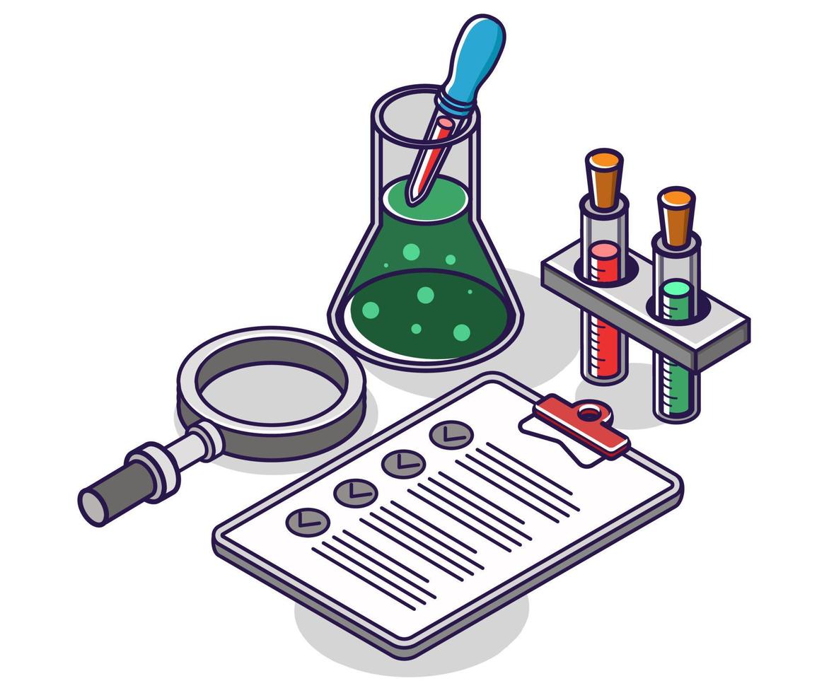 ilustración de un concepto de lista isométrica. lista de verificación de asignación de experimentos de laboratorio vector