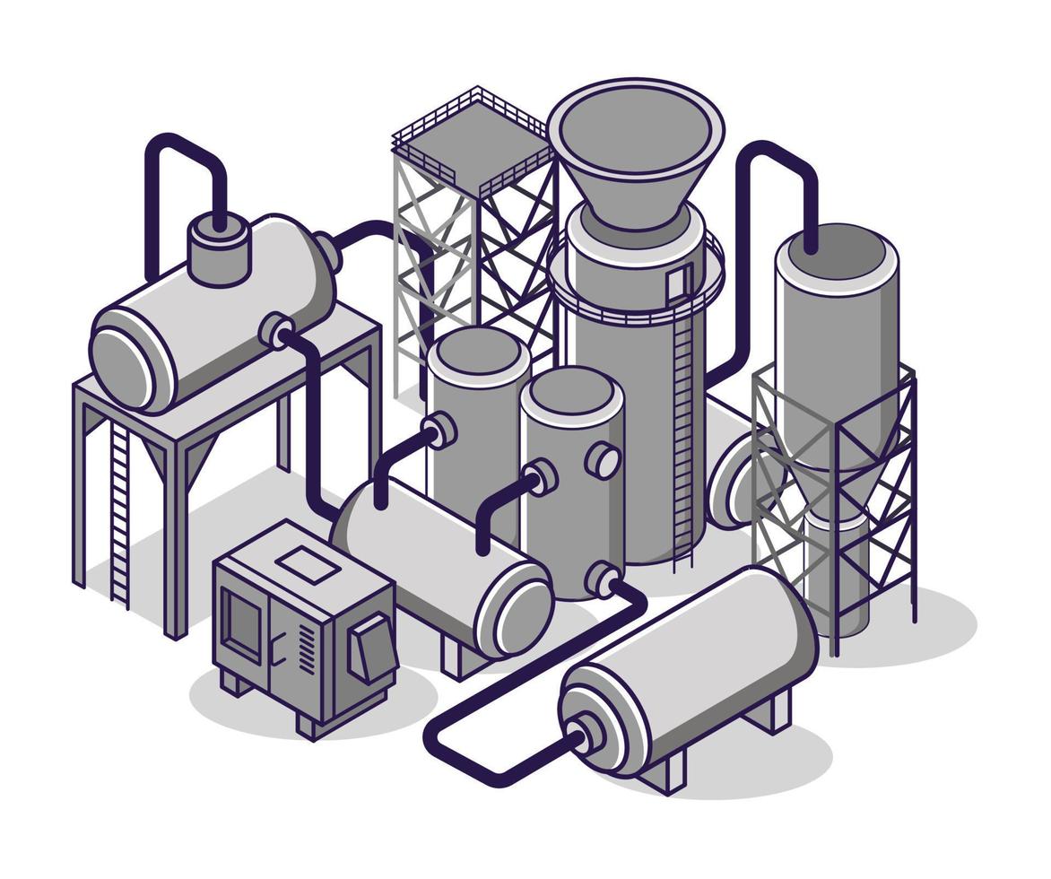 ilustración de concepto isométrico plano. Cilindros y tuberías de gas industrial. vector