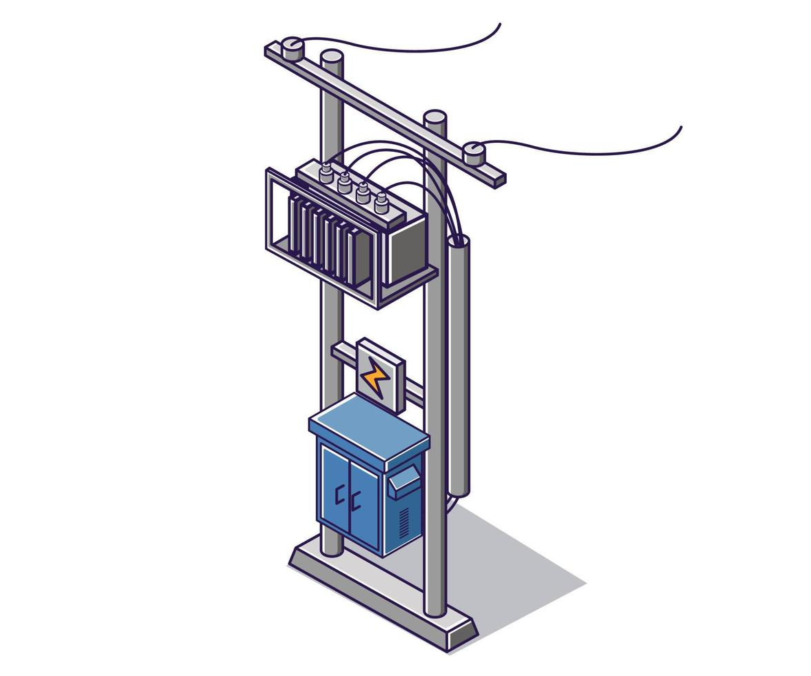 ilustración de concepto isométrico plano. poste de energía del panel eléctrico de alto voltaje vector