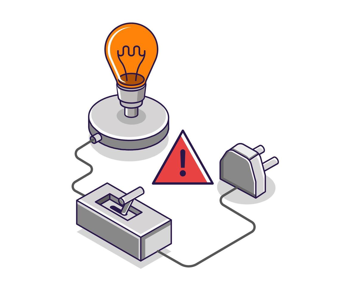 Flat isometric concept illustration. Electric light circuit warning vector