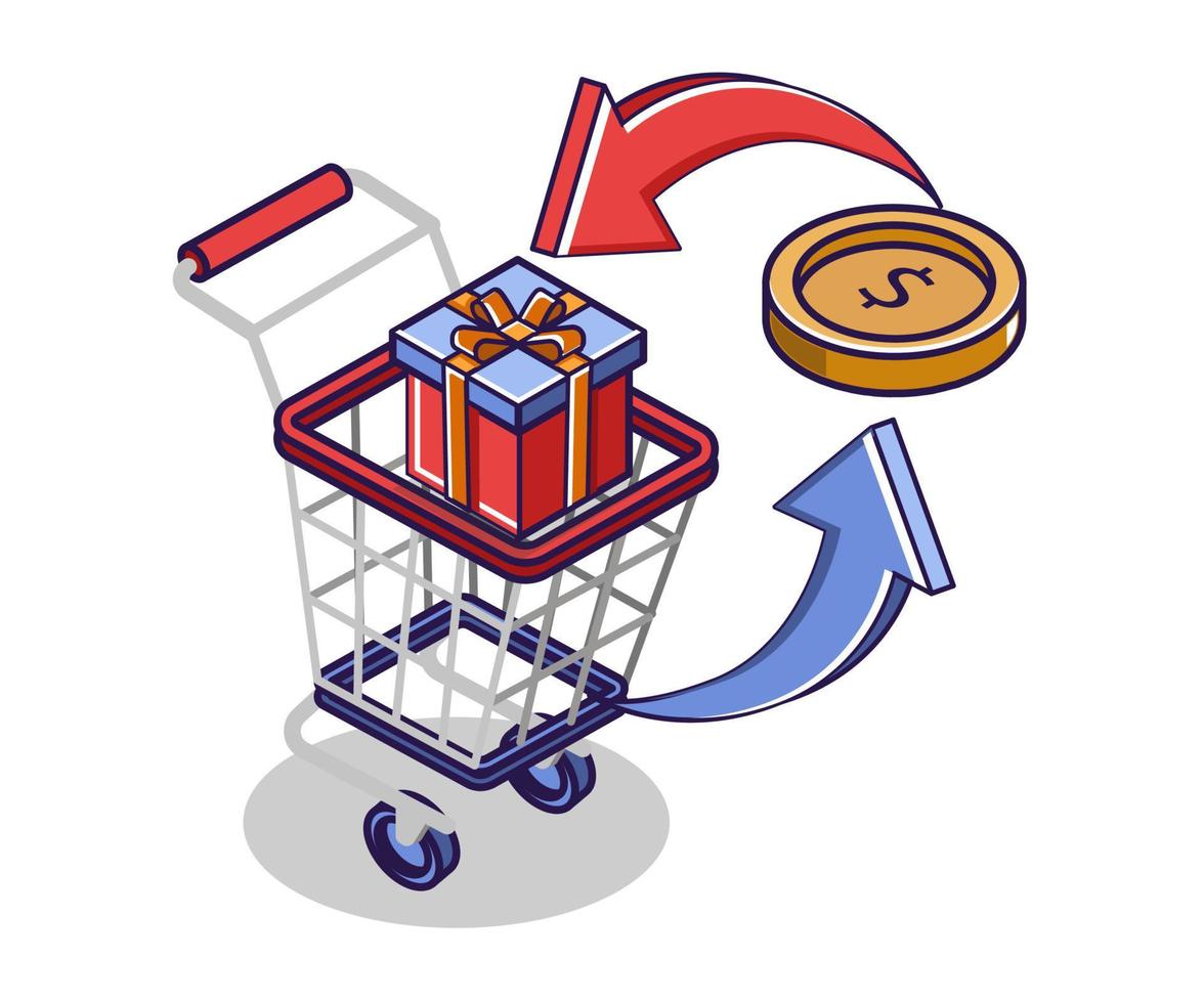 Flat isometric concept illustration. shopping with trolley vector