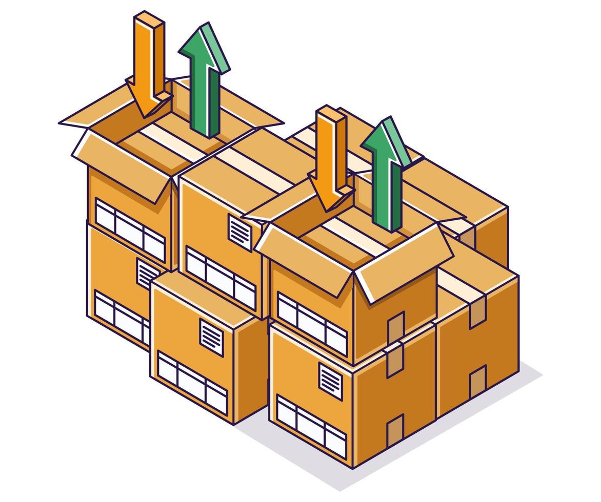 Flat isometric concept illustration. pile of cardboard boxes vector