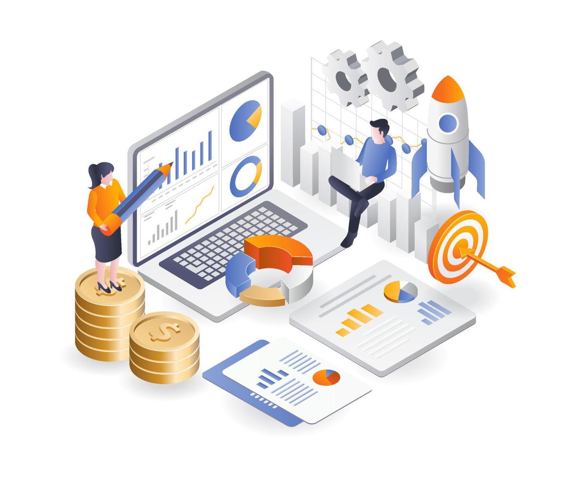 Concept flat isometric illustration. man learning investment business online vector