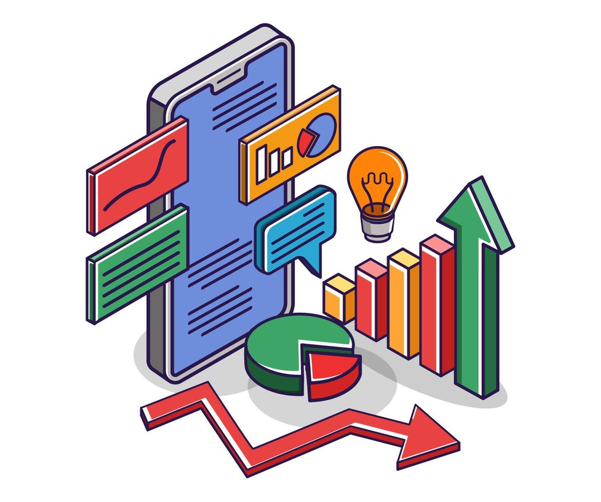 Flat isometric concept illustration. investment business development analysis symbol vector