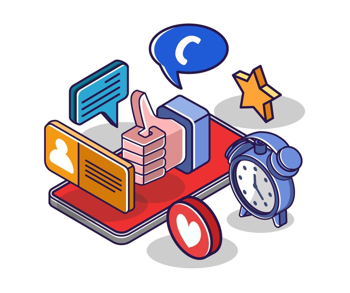 Flat isometric concept illustration. technology social media marketing time vector