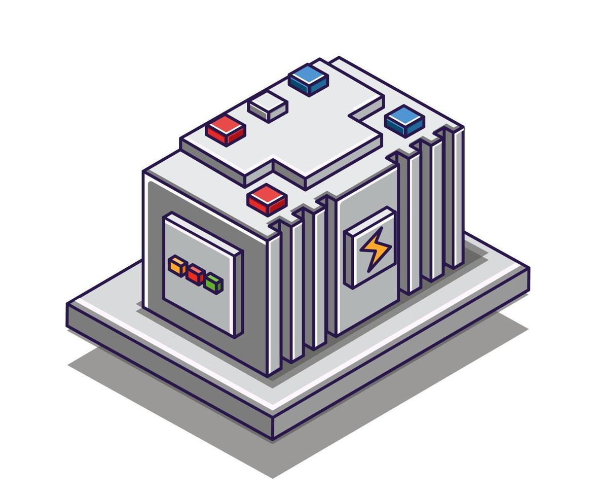 Flat isometric concept illustration. electric energy storage battery vector