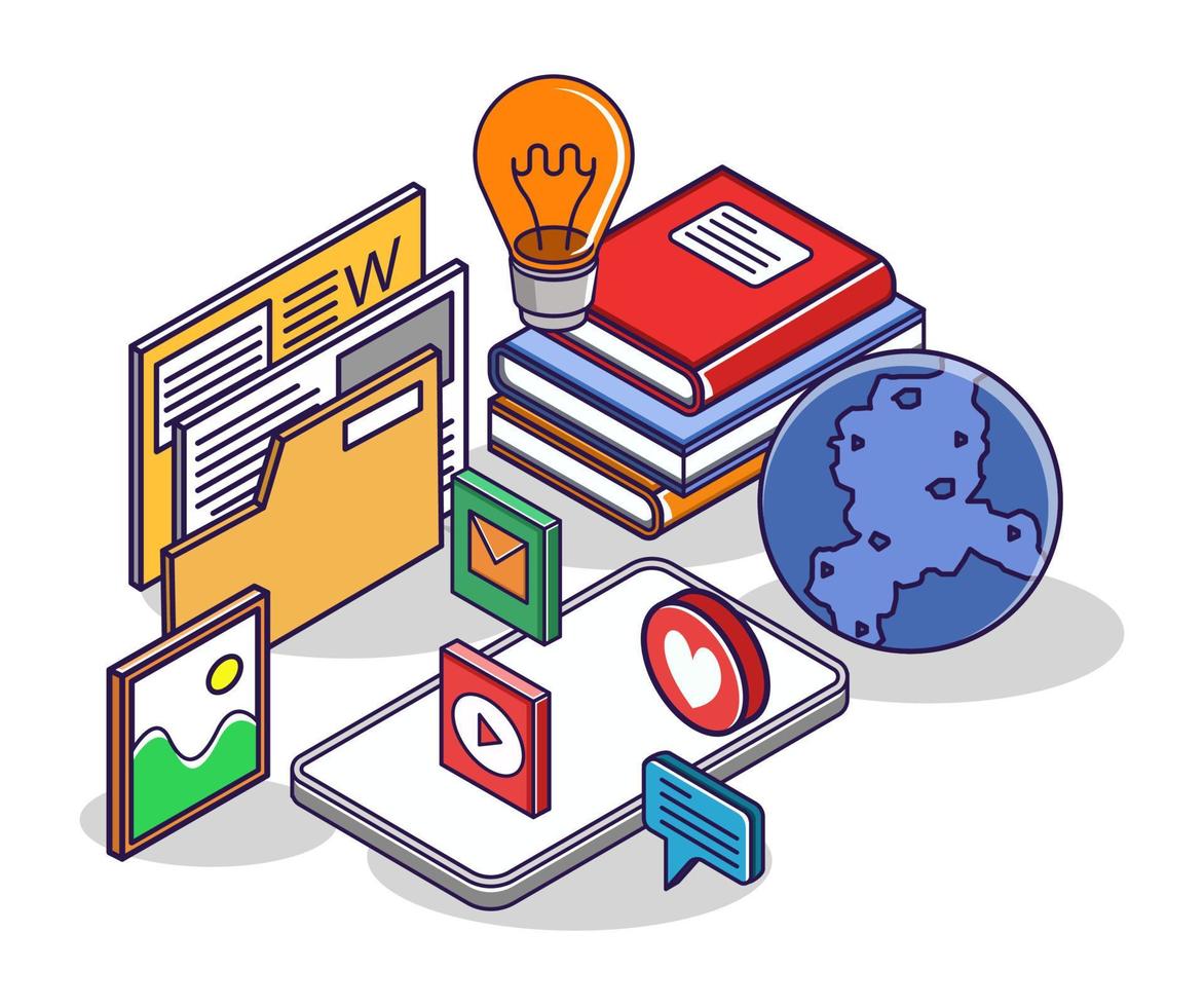 Flat isometric concept illustration. online education student data vector