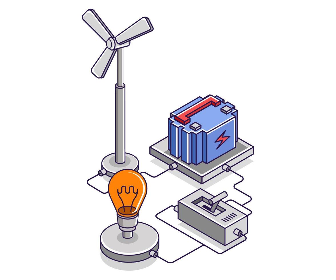 Flat isometric concept illustration. Windmill electric energy storage battery vector